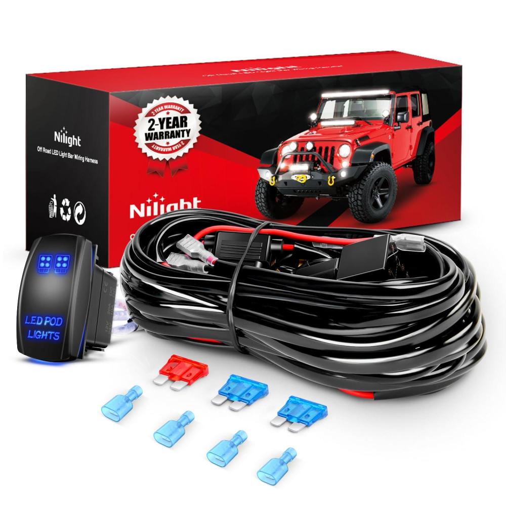 imageNilight 16AWG LED POD Lights Wiring Harness Kit LED Light Bar 12V 5Pin Rocker Switch Laser On Off Waterproof Toggle Switch Power Relay Blade Fuse2 Leads 2 Years Warranty BlackLED POD Lights Wiring2 Leads