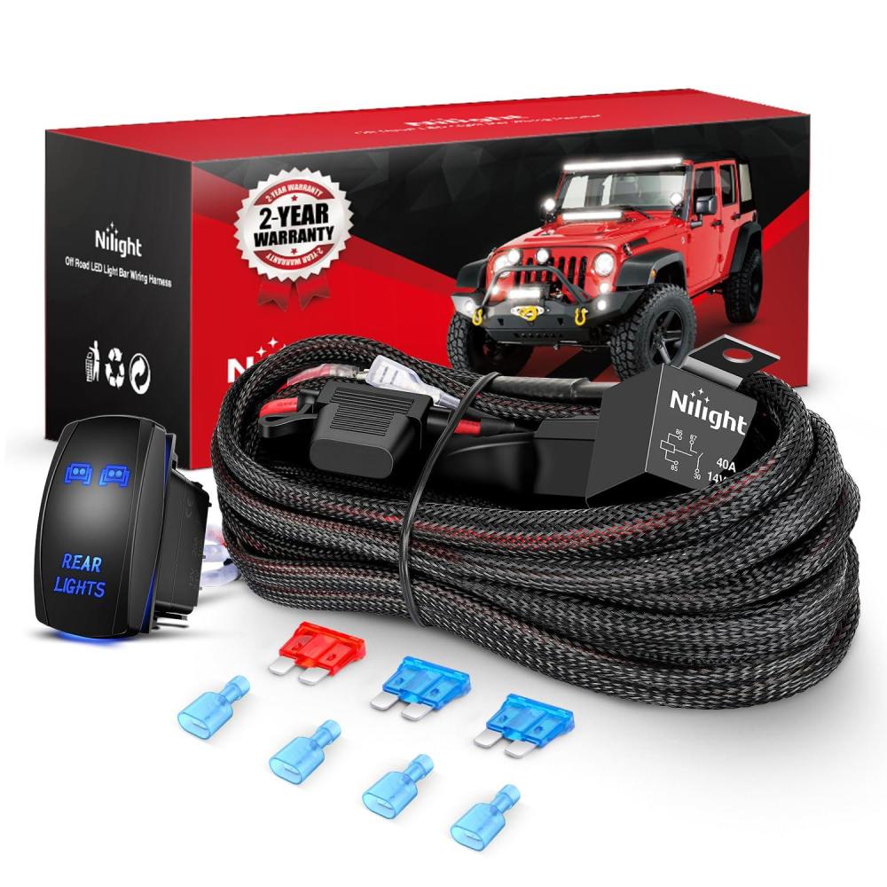 imageNilight 16AWG LED POD Lights Wiring Harness Kit LED Light Bar 12V 5Pin Rocker Switch Laser On Off Waterproof Toggle Switch Power Relay Blade Fuse2 Leads 2 Years Warranty BlackRear Lights Wiring2 Leads w Nylon Wire Loom