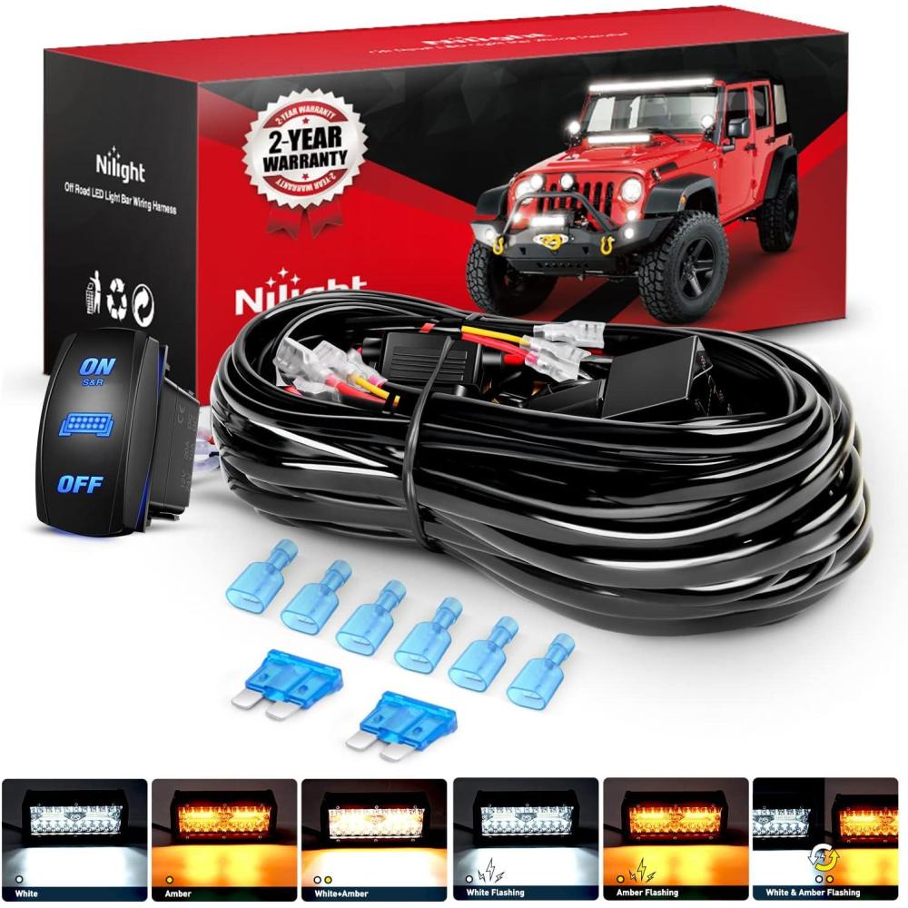 imageNilight 16AWG Wiring Harness Kit 1 Lead Specially Customized for 6 Modes Amber White Strobe Light Bar Off Road LED Work Light 12V On Off Switch Remember Function Reset Function2 Leads5PIN SwitchWiring Harness