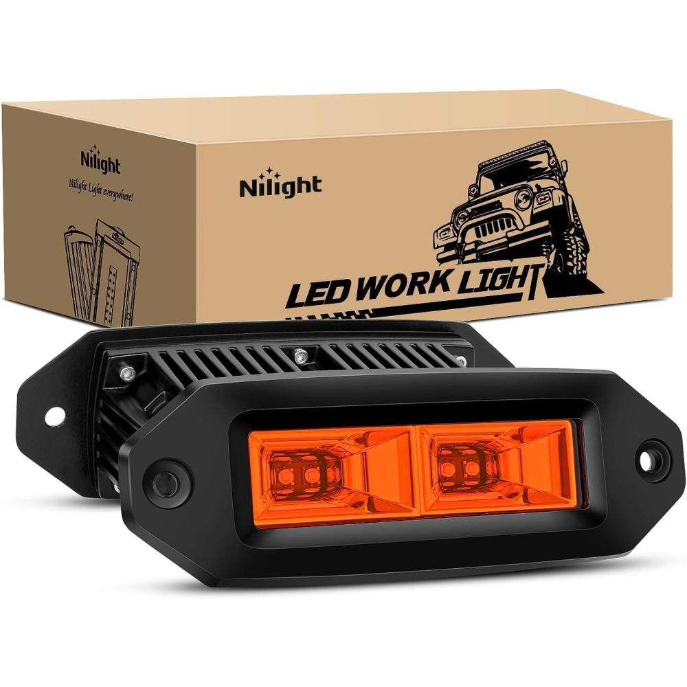 imageNilight 2 PCS 40W Flush Mount Amber LED Pods Flood Beam Work Offroad Fog Reverse Light Backup Driving Lights for Bumper Truck ATV UTV SUV Boat6 Inch 40W Amber Light