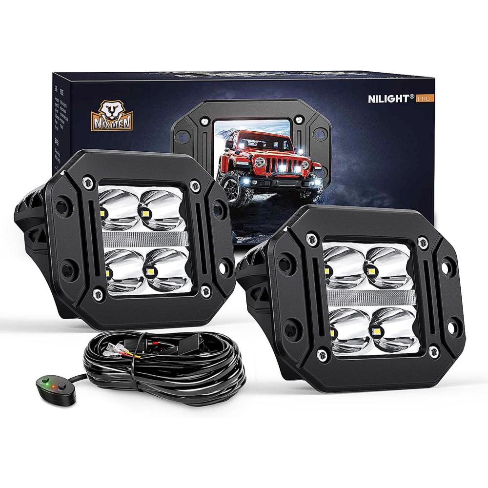 imageNilight 2 PCS Flush Mount LED Pod Lights with DRL 48 Inch Spot Beam 20 W 2510LM Backup Reverse Offroad Driving Fog Light w 16AWG Wiring kit for 4x4 Truck SUV JeepFlush Mount LED with White DRL