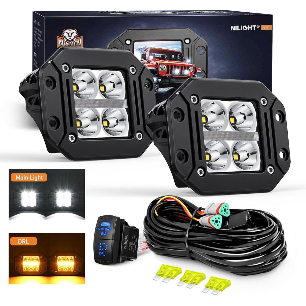 imageNilight 2 PCS Flush Mount LED Pod Lights with DRL 48 Inch Spot Beam 20 W 2510LM Backup Reverse Offroad Driving Fog Light w 16AWG Wiring kit for 4x4 Truck SUV JeepBlack