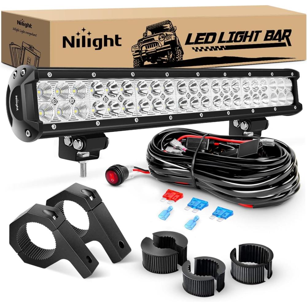 imageNilight 20 Inch 126W Spot Flood Combo LED Light Bars OffRoad Light Mounting Bracket Horizontal Bar Tube Clamp with Off Road Wiring Harness 2 Years Warranty White
