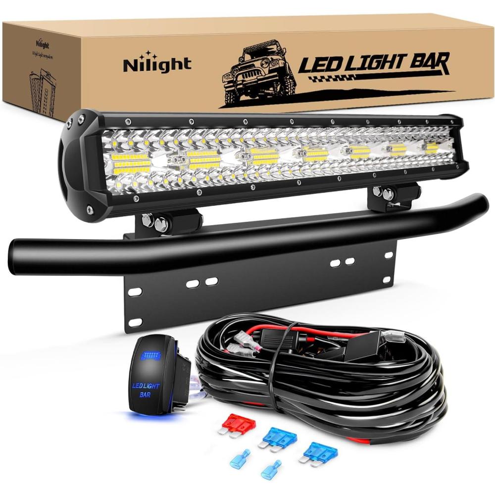 imageNilight 20 Inch 420W Triple Row Flood Spot Combo 42000LM Light Bar Driving Boat Led Off Road Lights with Front License Plate Frame Bracket and Switch Wiring Harness Kit20Inch Lights  Wiring Harness Bracket