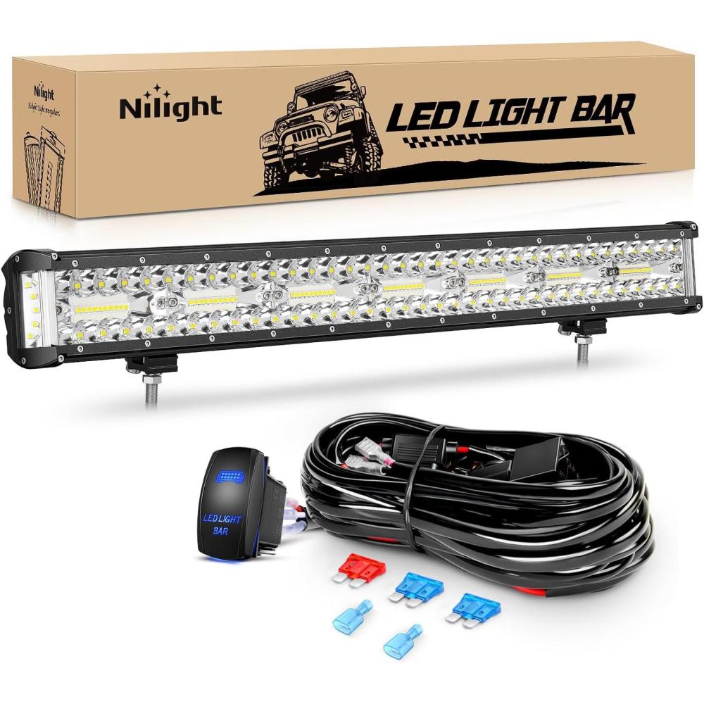 imageNilight 20 Inch 420W Triple Row Flood Spot Combo 42000LM Light Bar Driving Boat Led Off Road Lights with Front License Plate Frame Bracket and Switch Wiring Harness Kit20Inch Side Shooter Light  Wiring harness