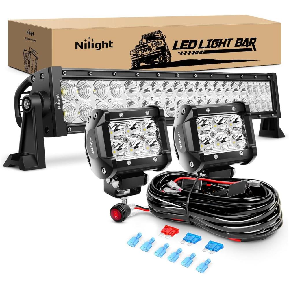 imageNilight 22Inch 480W LED Light Bar Spot Flood Amber White Strobe 6 Modes Memory Function Reset Function OffRoad Truck Car ATV SUV Cabin Boat with 16AWG Wiring Harness Kit1 Lead120W Light 2Pcs 18W LED Pods Wiring Harness