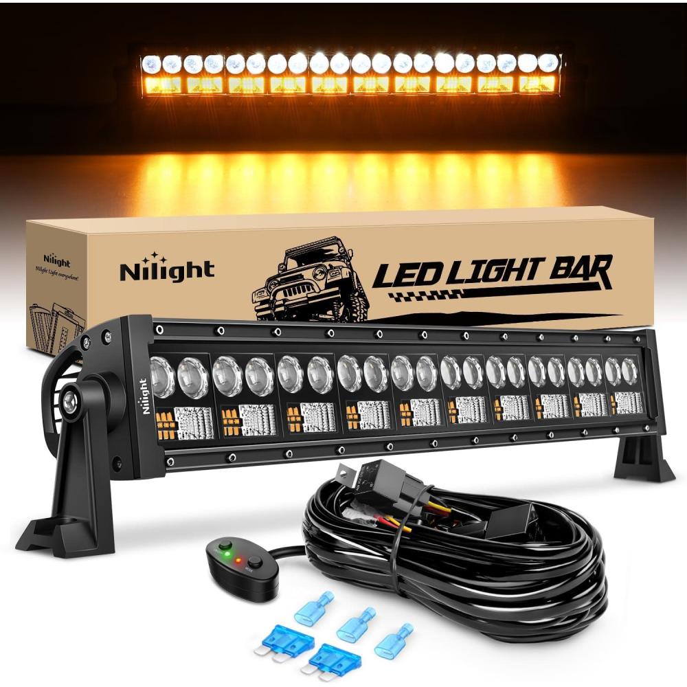 imageNilight 22Inch 480W LED Light Bar Spot Flood Amber White Strobe 6 Modes Memory Function Reset Function OffRoad Truck Car ATV SUV Cabin Boat with 16AWG Wiring Harness Kit1 LeadAmber White3 Modes