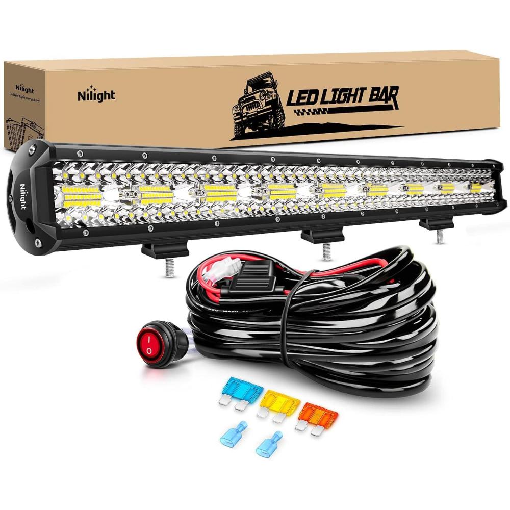 imageNilight 26 Inch 540W LED Light Bar Triple Row Flood Spot Combo 50000LM Driving Boat Led Off Road Lights with 12V OnOff 5 Pin Rocker Switch 14 AWG Wiring Harness Kit 2 Years Warranty26Inch light White Wiring Harness
