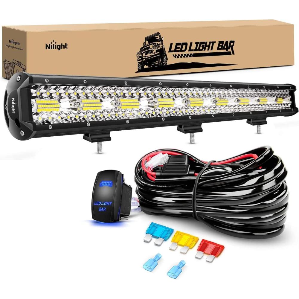 imageNilight 26 Inch 540W LED Light Bar Triple Row Flood Spot Combo 50000LM Driving Boat Led Off Road Lights with 12V OnOff 5 Pin Rocker Switch 14 AWG Wiring Harness Kit 2 Years Warranty26Inch Light White wWiring Harness