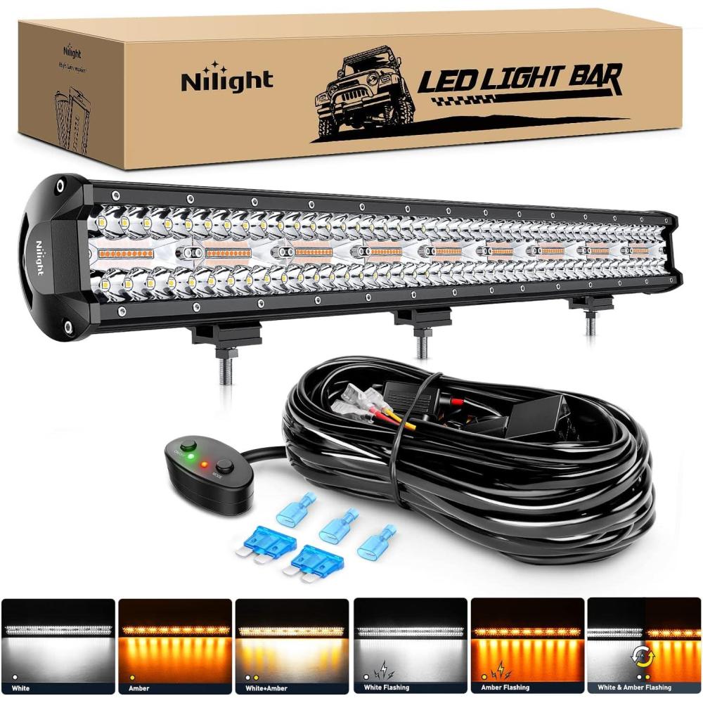 imageNilight 26 Inch 540W LED Light Bar Triple Row Flood Spot Combo 50000LM Driving Boat Led Off Road Lights with 12V OnOff 5 Pin Rocker Switch 14 AWG Wiring Harness Kit 2 Years Warranty26Inch Light AmberWhite wWiring Harness