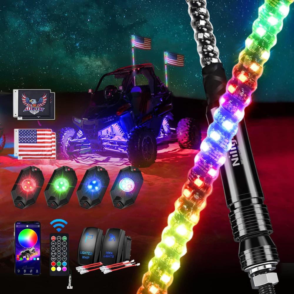 imageNilight 2PCS 2FT RGB LED Whip Light with Extra Stop Turn Reverse Lights Remote ampamp App Control DIY Chasing Patterns Safety Antenna Lighted Whips for ATV UTV Polaris RZR Canam3FT 2Pcs 4Pcs Rock Lights