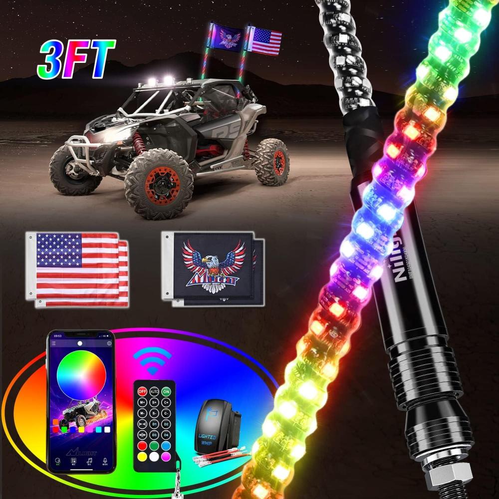 imageNilight 2PCS 3FT RGB LED Whip Light Remote App Control wDIY Chasing Patterns Stop Turn Reverse Lighting Modes Safety Lighted Antenna for ATV UTV Polaris RZR Canam Dune Buggy Jeep