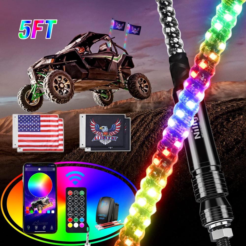 imageNilight 2PCS 4FT RGB LED Whip Light and 8 PCS Rock Lights Combo Remote ampamp App Control wDIY Chasing Patterns Stop Turn Reverse Safety Antenna Lighted Whips for ATV UTV5FT2PCS