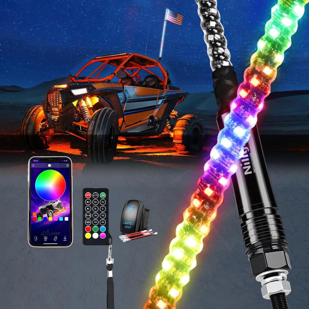 imageNilight 2PCS 4FT RGB LED Whip Light and 8 PCS Rock Lights Combo Remote ampamp App Control wDIY Chasing Patterns Stop Turn Reverse Safety Antenna Lighted Whips for ATV UTV5FT1PC