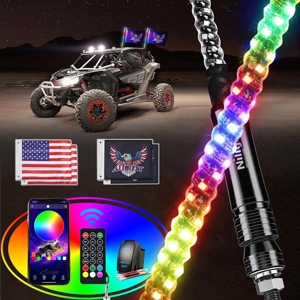 imageNilight 2PCS 4FT RGB LED Whip Light and 8 PCS Rock Lights Combo Remote ampamp App Control wDIY Chasing Patterns Stop Turn Reverse Safety Antenna Lighted Whips for ATV UTV2FT2PCS