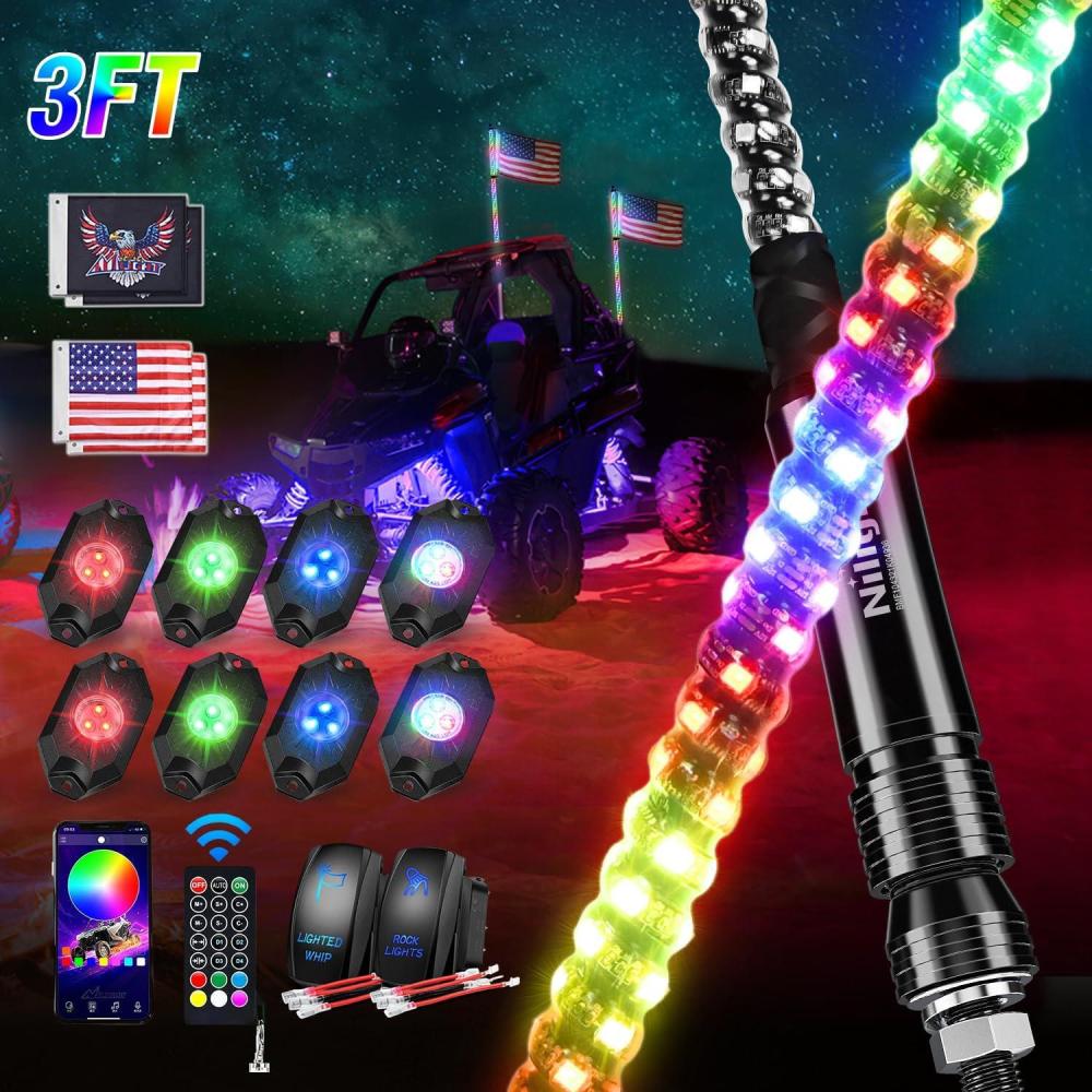 imageNilight 2PCS 4FT RGB LED Whip Light and 8 PCS Rock Lights Combo Remote ampamp App Control wDIY Chasing Patterns Stop Turn Reverse Safety Antenna Lighted Whips for ATV UTV3FT 2Pcs 8Pcs Rock Lights
