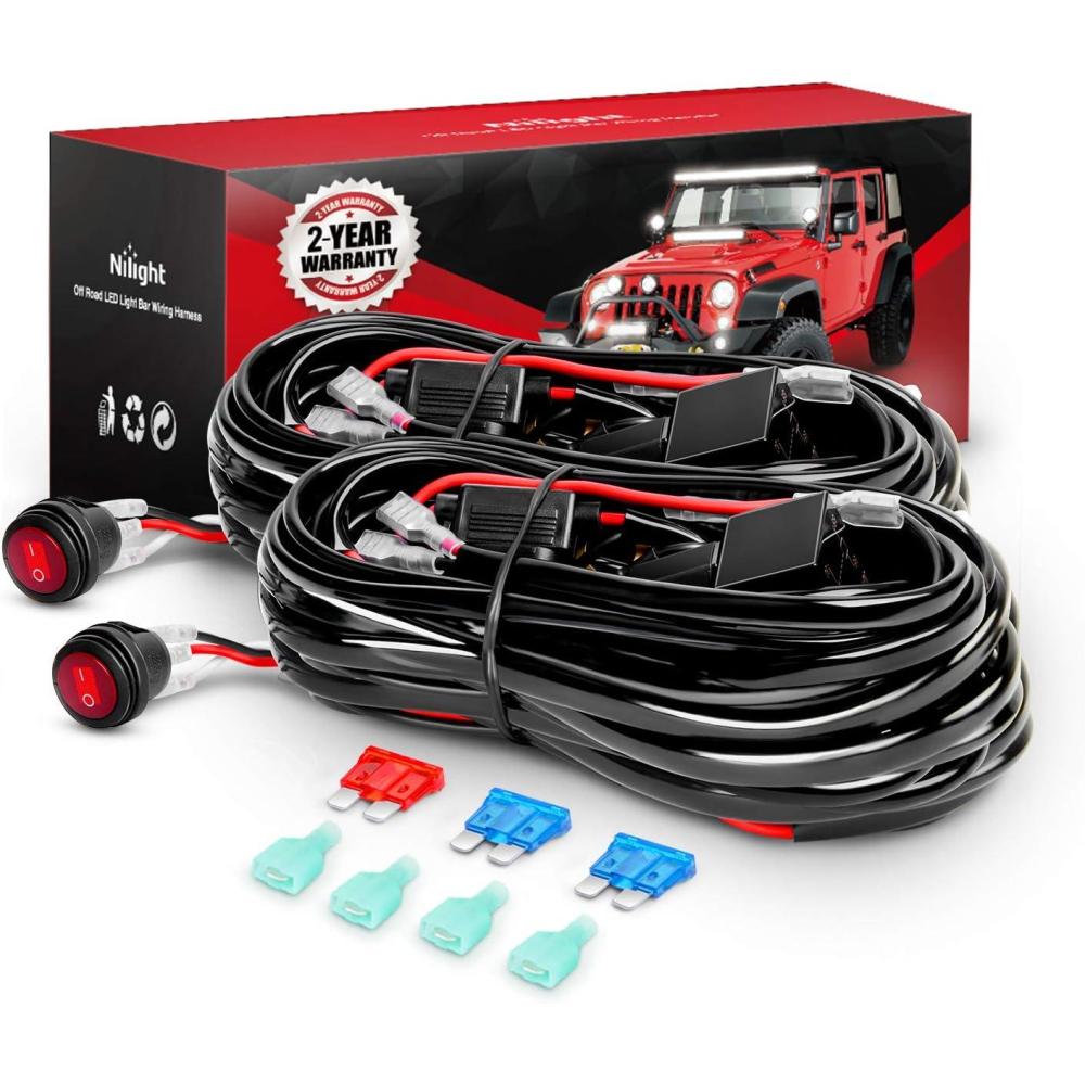 imageNilight 2PCS LED Light Bar Wiring Harness Kit 16AWG 12V On Off Waterproof Switch Power Relay Blade Fuse2 Lead