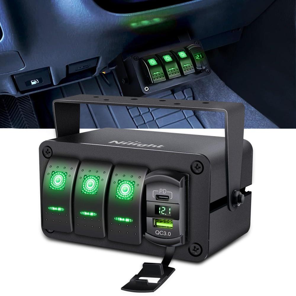 imageNilight 3 Gang Rocker Switch Panel with 48 Amp Dual USB Charger Voltmeter Waterproof 12V 24V DC Rocker Switch with Night Glow Stickers for Cars Trucks Boats RVs 2 Years WarrantyBlueGreenBox