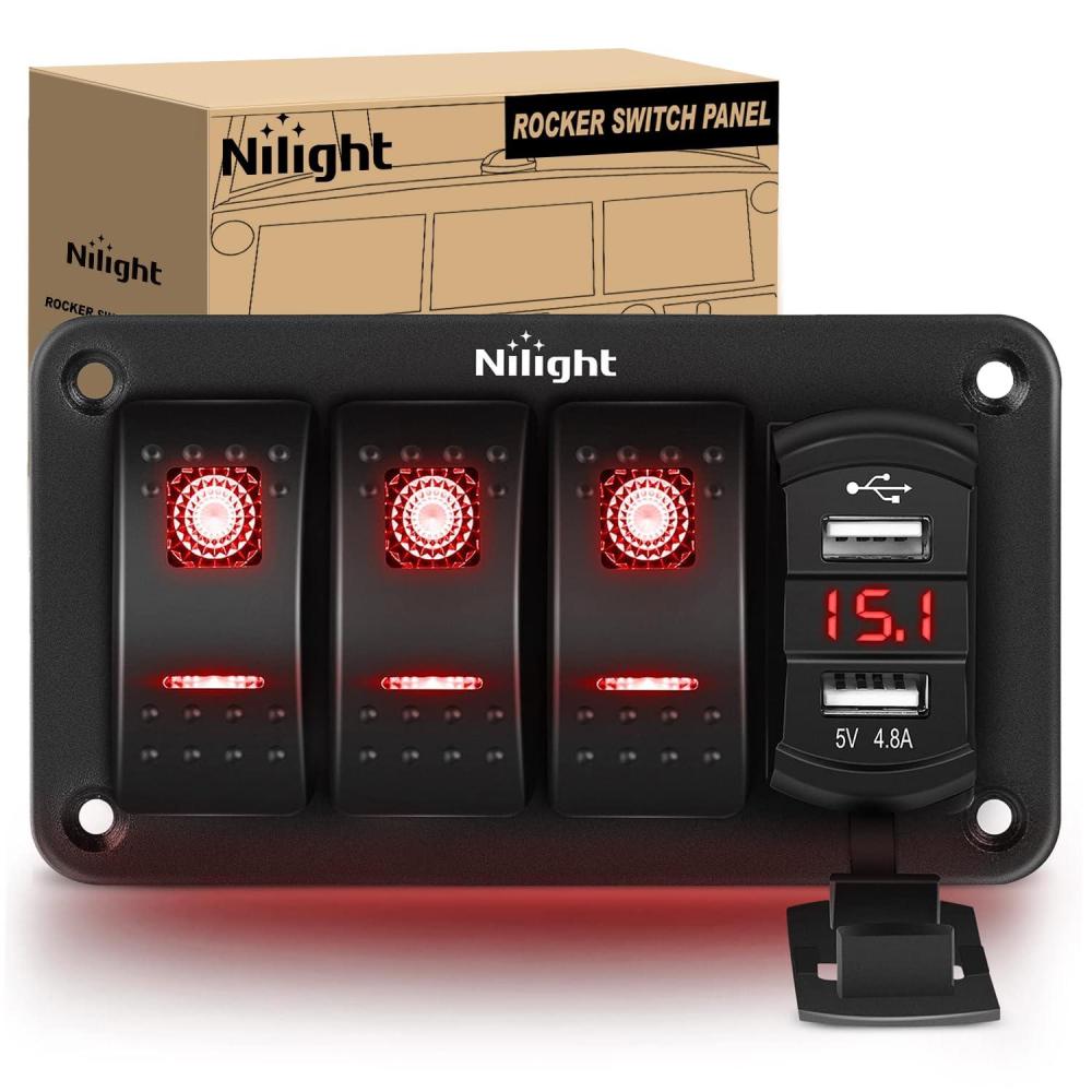 imageNilight 3 Gang Rocker Switch Panel with 48 Amp Dual USB Charger Voltmeter Waterproof 12V 24V DC Rocker Switch with Night Glow Stickers for Cars Trucks Boats RVs 2 Years WarrantyBlueRed