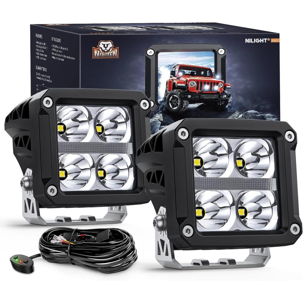 imageNilight 3 Inch Cube LED Pod Light Bar 20W 2100LM Super Flood ScrewLess Offroad Driving Work Lights w16AWG DT Wiring Harness Kit for Truck UTV 4x4 ATV Motorcycle4LED Spot Pod w White DRL