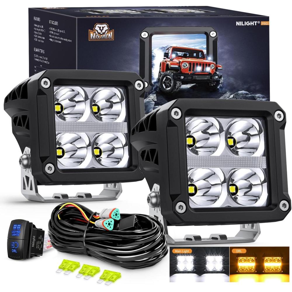 imageNilight 3 Inch Cube LED Pod Light Bar 20W 2100LM Super Flood ScrewLess Offroad Driving Work Lights w16AWG DT Wiring Harness Kit for Truck UTV 4x4 ATV Motorcycle4LED Spot Pod w Amber DRL