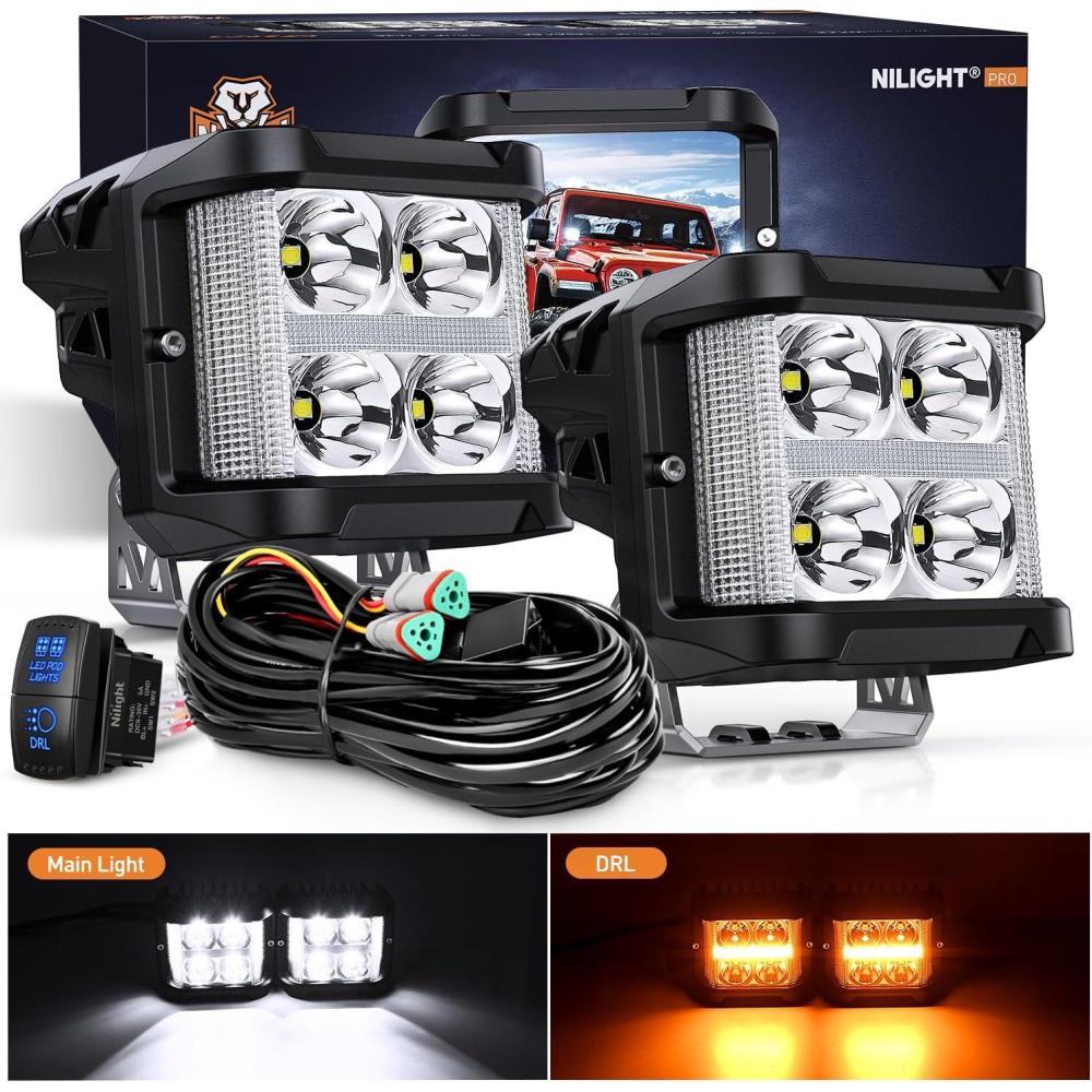 imageNilight 3 Inch Cube LED Pod Light Bar 20W 2100LM Super Flood ScrewLess Offroad Driving Work Lights w16AWG DT Wiring Harness Kit for Truck UTV 4x4 ATV Motorcycle4LED Sideshooter Spot Pod w Amber DRL