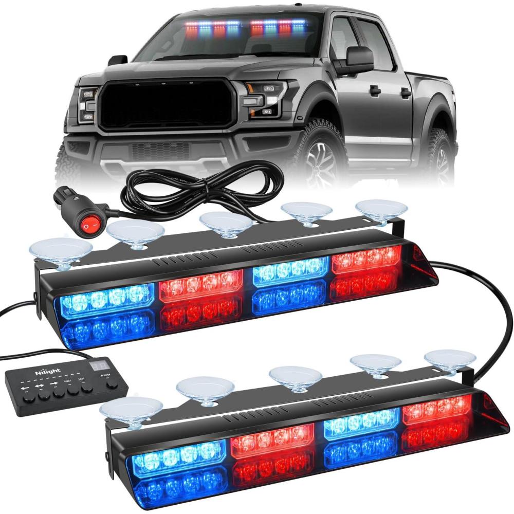 imageNilight 32LED Purple White Emergency Dash Strobe Lights with Controller Suction Cups Warning Hazard Interior FrontRear Windshield Deck Split Light Bar for Truck Construction VehicleRed and Blue