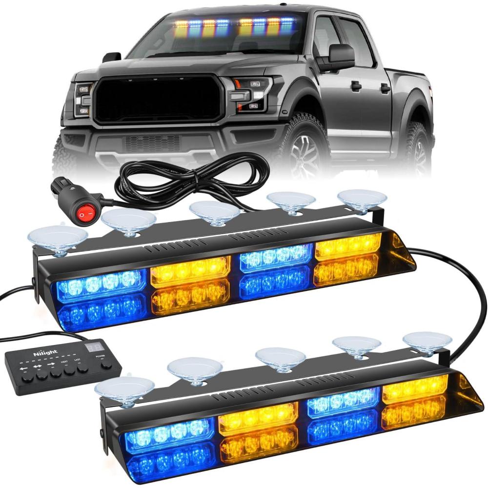 imageNilight 32LED Purple White Emergency Dash Strobe Lights with Controller Suction Cups Warning Hazard Interior FrontRear Windshield Deck Split Light Bar for Truck Construction VehicleAmber and Blue