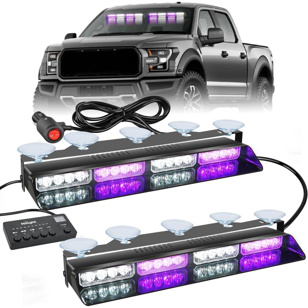 imageNilight 32LED Purple White Emergency Dash Strobe Lights with Controller Suction Cups Warning Hazard Interior FrontRear Windshield Deck Split Light Bar for Truck Construction VehiclePurple and White