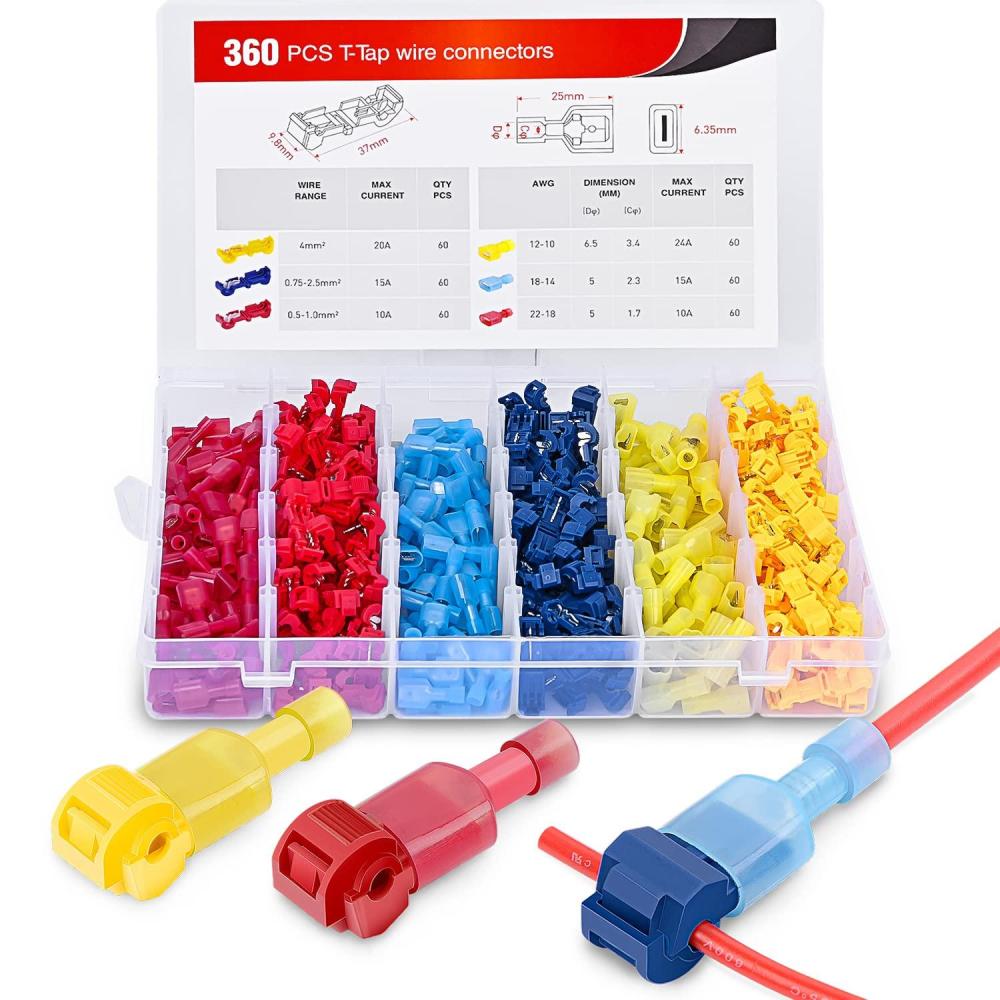 imageNilight 360PCS TTap Wire Connectors SelfStripping Quick Splice Electrical Terminals Insulated Male Disconnect Spade Assortment Kit with Storage Case360 Pcs