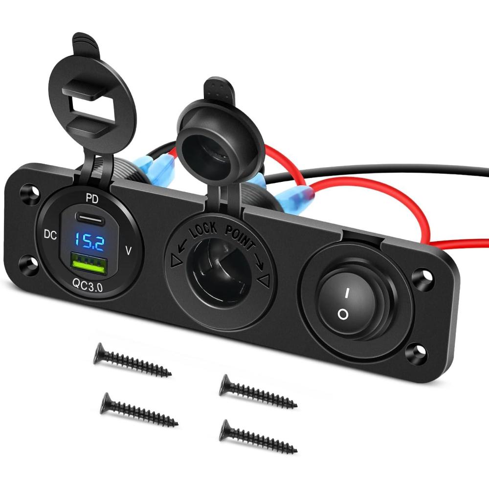 imageNilight 4 in 1 Charger Socket Panel Dual QC30 USB Charger with LED Voltmeter Display and Cigarette Lighter Socket and Power Cutoff SwitchAvoid Battery Drain Off Switch for UTV ATVBlack RedPD Type C  USB