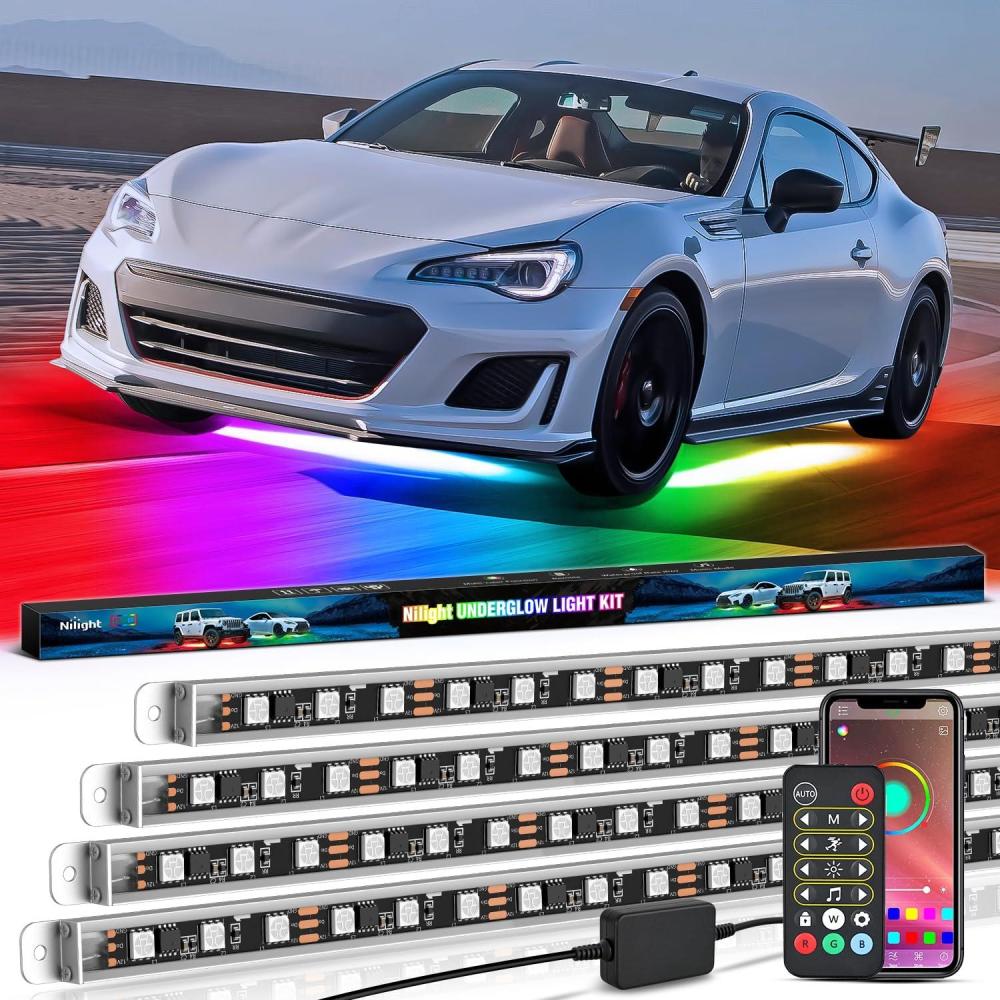 imageNilight 4Pcs Car Underglow Neon Accent Strip Lights 252 LEDs RGB 8 Color Sound Active Function Music Mode with Wireless Remote Control Underbody Light Strips for Cars Van SUV Truck4Pcs Aluminum Underglow Strip Lights Dream Color