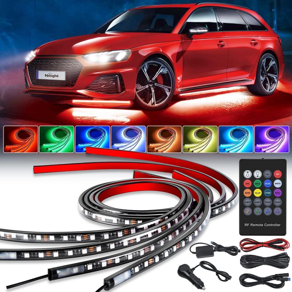 imageNilight 4Pcs Car Underglow Neon Accent Strip Lights 252 LEDs RGB 8 Color Sound Active Function Music Mode with Wireless Remote Control Underbody Light Strips for Cars Van SUV TruckUnderglow Light Strip RGB