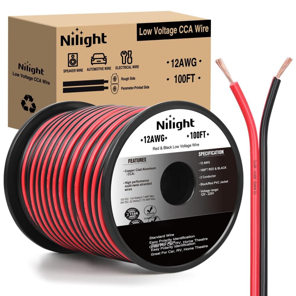 imageNilight 50FT 16AWG Copper Clad Aluminum Wire 162 Gauge Red Black CCA Electrical Cable 2 Conductor Parallel 12V24V DC Flexible Extension Cords for Car Audio Radio Speaker Amplifier12AWG100FT