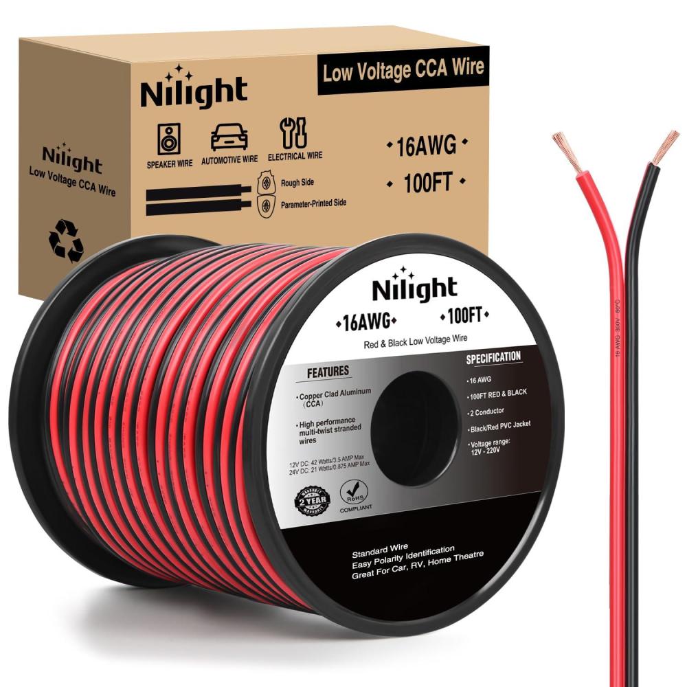 imageNilight 50FT 16AWG Copper Clad Aluminum Wire 162 Gauge Red Black CCA Electrical Cable 2 Conductor Parallel 12V24V DC Flexible Extension Cords for Car Audio Radio Speaker Amplifier16AWG100FT