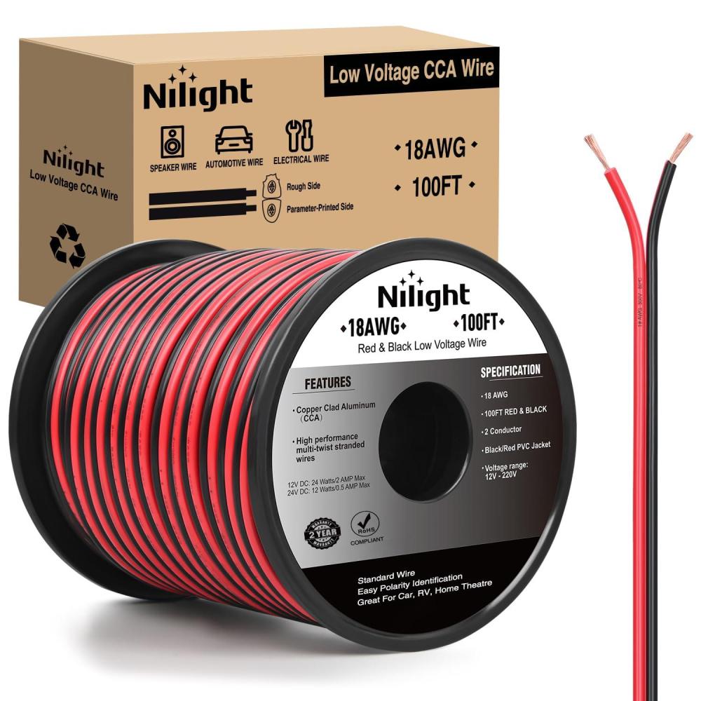 imageNilight 50FT 16AWG Copper Clad Aluminum Wire 162 Gauge Red Black CCA Electrical Cable 2 Conductor Parallel 12V24V DC Flexible Extension Cords for Car Audio Radio Speaker Amplifier18AWG100FT