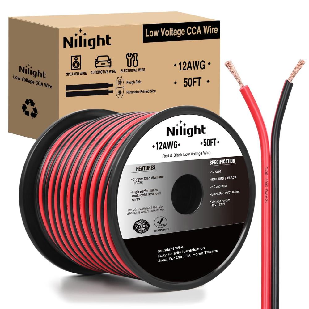 imageNilight 50FT 16AWG Copper Clad Aluminum Wire 162 Gauge Red Black CCA Electrical Cable 2 Conductor Parallel 12V24V DC Flexible Extension Cords for Car Audio Radio Speaker Amplifier12AWG50FT
