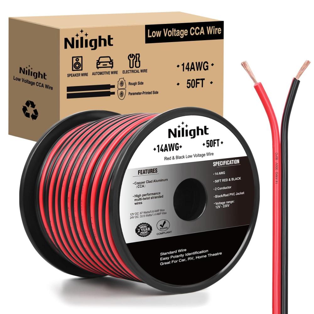 imageNilight 50FT 16AWG Copper Clad Aluminum Wire 162 Gauge Red Black CCA Electrical Cable 2 Conductor Parallel 12V24V DC Flexible Extension Cords for Car Audio Radio Speaker Amplifier14AWG50FT