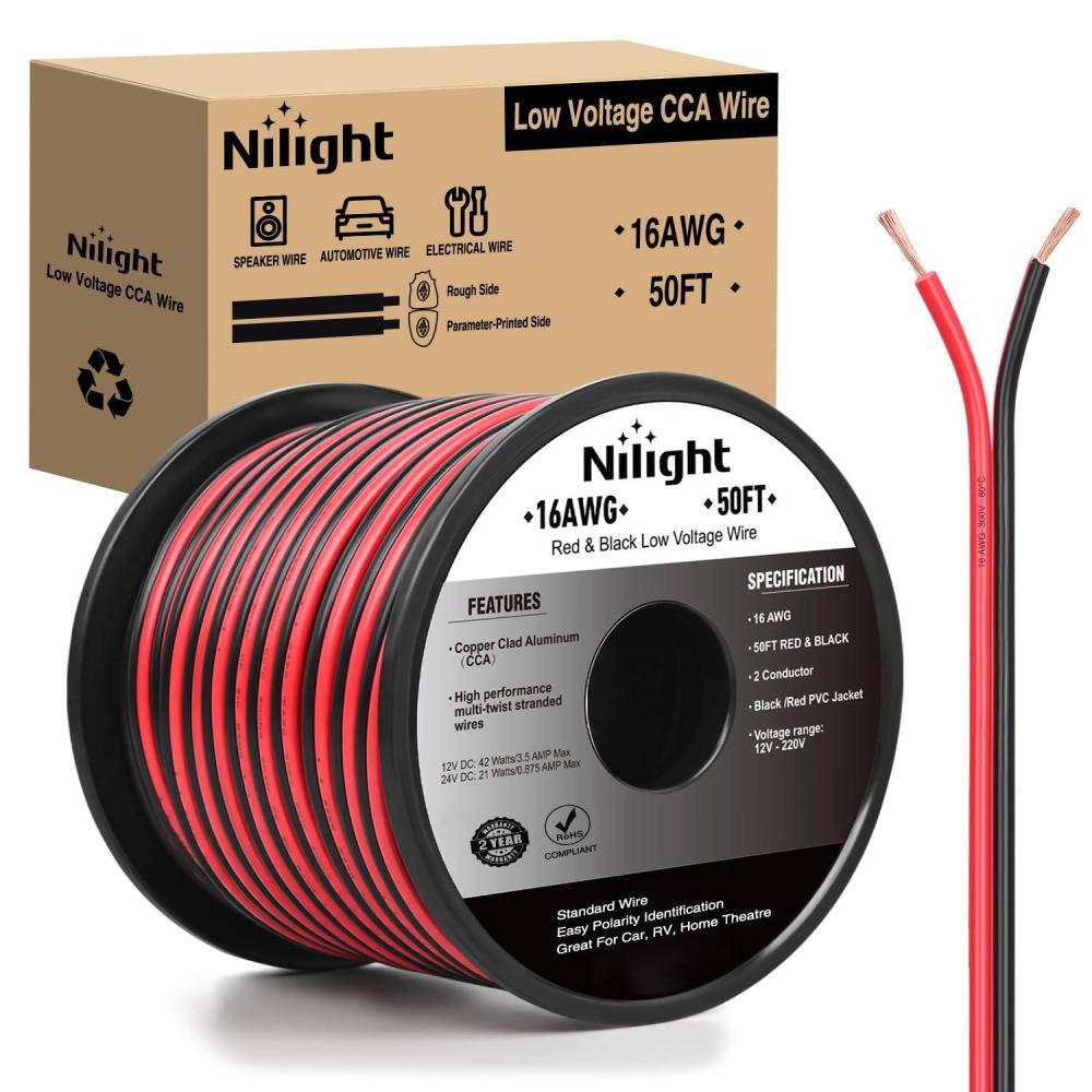 imageNilight 50FT 16AWG Copper Clad Aluminum Wire 162 Gauge Red Black CCA Electrical Cable 2 Conductor Parallel 12V24V DC Flexible Extension Cords for Car Audio Radio Speaker Amplifier16AWG50FT