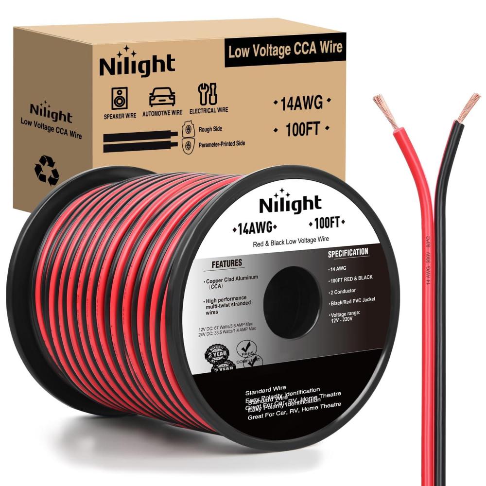 imageNilight 50FT 16AWG Copper Clad Aluminum Wire 162 Gauge Red Black CCA Electrical Cable 2 Conductor Parallel 12V24V DC Flexible Extension Cords for Car Audio Radio Speaker Amplifier14AWG100FT