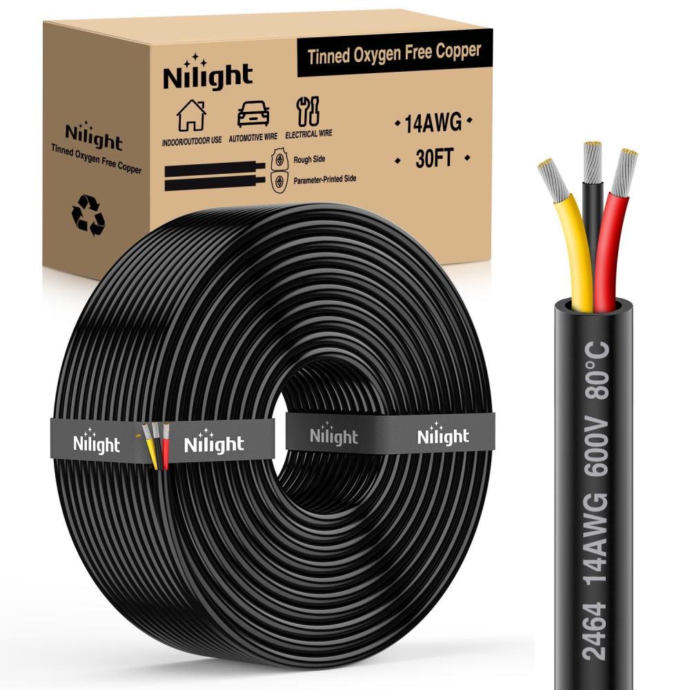 imageNilight 50FT 20 Gauge 3 Conductor Electrical Wire Tinned Oxygen Free Copper Red Black Yellow 3 Wires Parallel 600V DC Flexible PVC Case Extension Cords for LED Strips Lamps Lighting3 Conductor