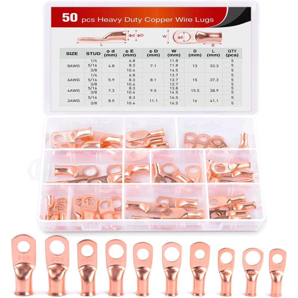 imageNilight 50pcs Heavy Duty Copper Wire Lugs 10types Battery Cable Closed Ends Bare Copper Eyelets Tubular Ring Battery Terminal Connectors Assortment Kit2 Years Warranty