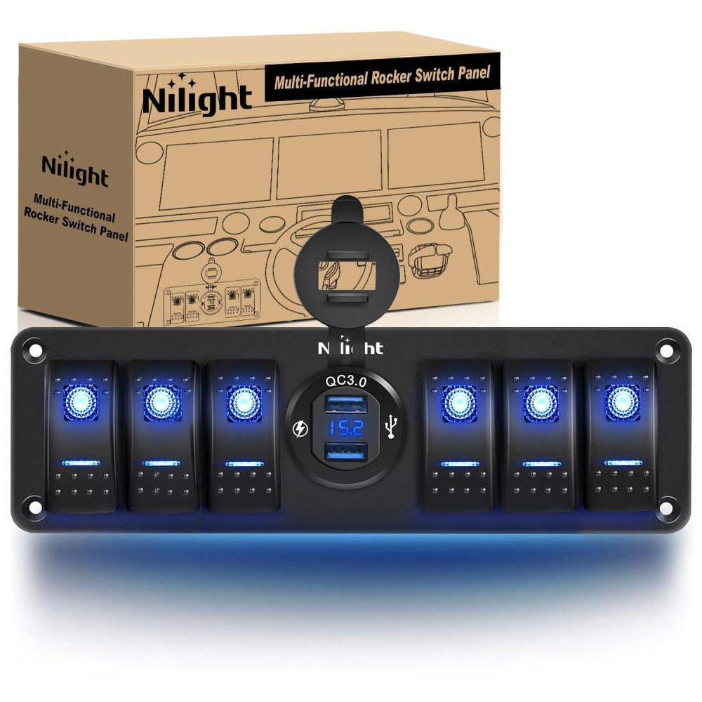 imageNilight 6 Gang Rocker Switch Box 12V SPST ON Off Switch QC 30 USB Charger Voltmeter Waterproof Aluminum Rocker Switch Panel Night Glow Stickers for Boats Cars RVs Trucks 2 Years WarrantyBlueDual USB 6Gang Switch Blue