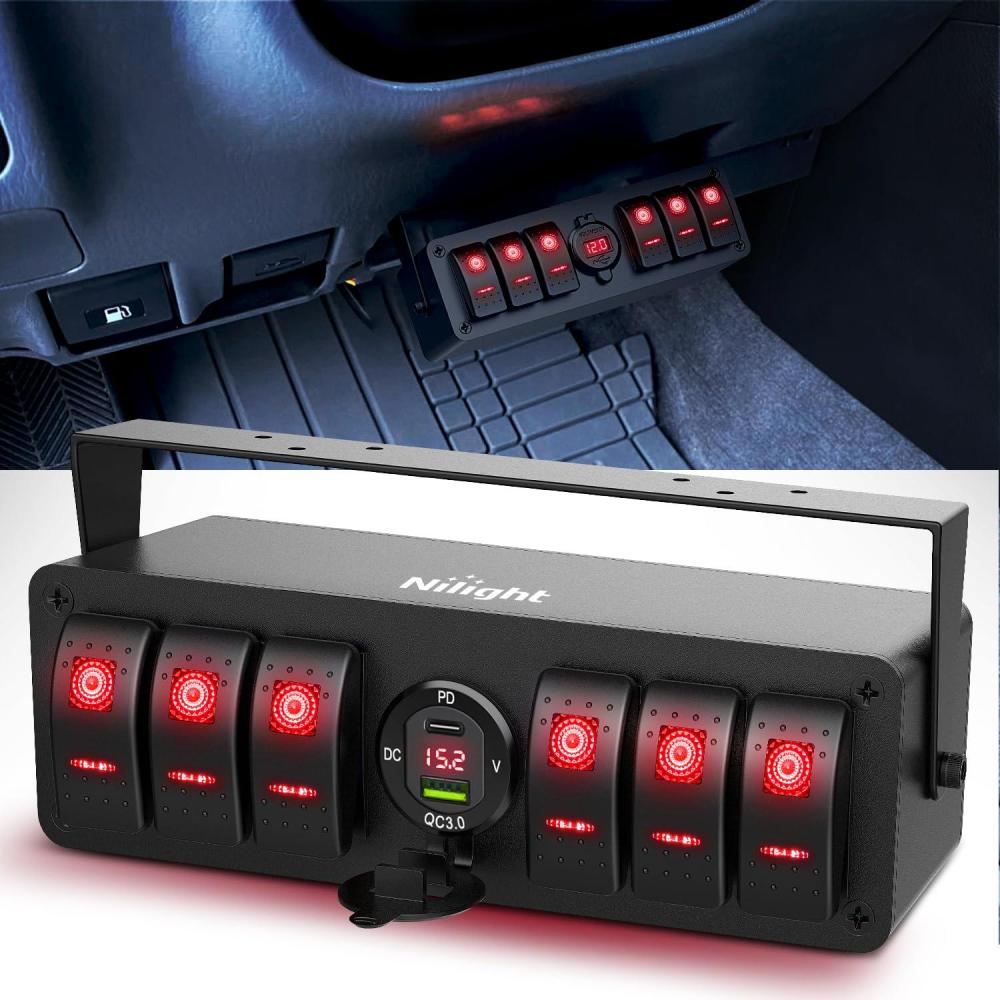 imageNilight 6 Gang Rocker Switch Box 12V SPST ON Off Switch QC 30 USB Charger Voltmeter Waterproof Aluminum Rocker Switch Panel Night Glow Stickers for Boats Cars RVs Trucks 2 Years WarrantyBlueType C USB Box 6Gang Switch Red
