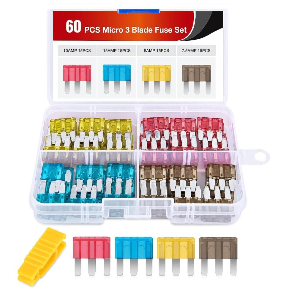 imageNilight 60PCS Micro3 Fuse ATL Blade Assortment Kit 3 Prong Micro Blade Car Fuses Replacement 5A 75A 10A 15A with Puller Tool for Cars Trucks SUVs RVs60Pcs Micro3 ATL Fuses