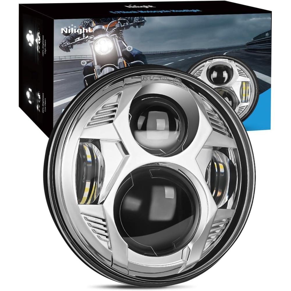 imageNilight 7 Inch Motorcycle LED Headlight 45 Inch Fog Lights Auxiliary DOT Kit Compatible with Harley Davidson Electra Street Glide Fat Boy Road King Heritage Softail CVO Black575Inch LED Headlight Chrome