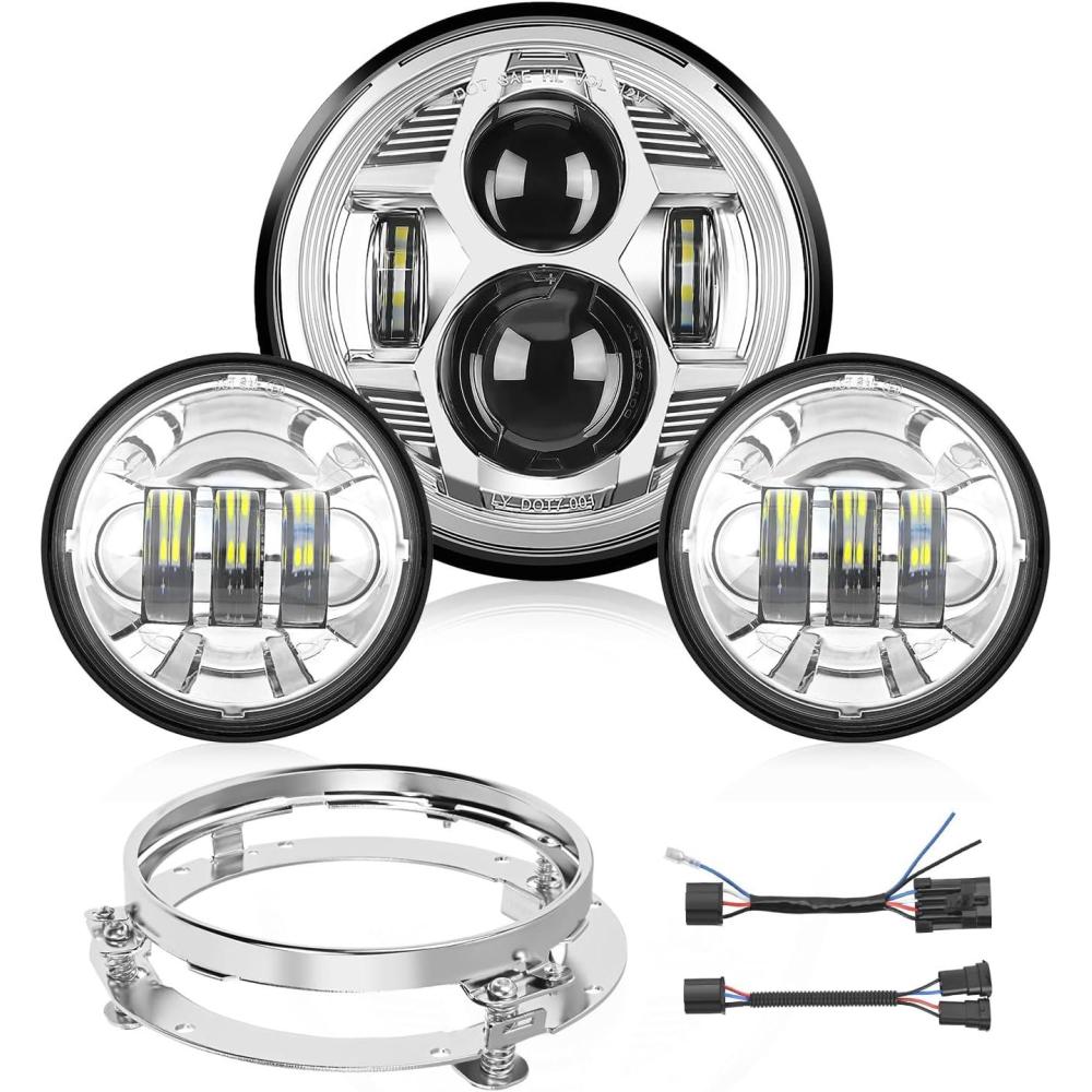 imageNilight 7 Inch Motorcycle LED Headlight 45 Inch Fog Lights Auxiliary DOT Kit Compatible with Harley Davidson Electra Street Glide Fat Boy Road King Heritage Softail CVO Black7Inch Headlight 45Inch Fog Lights Chrome