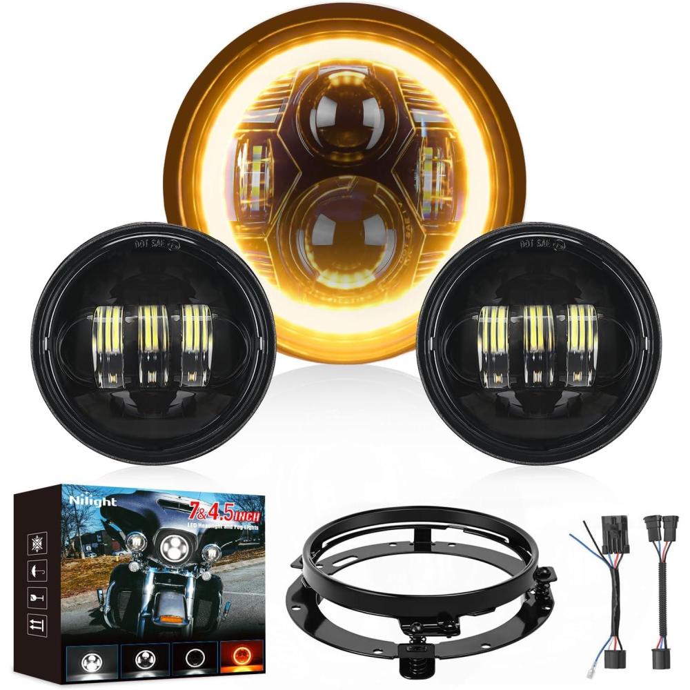 imageNilight 7 Inch Motorcycle LED Headlight 45quot Fog Lights Halo Turn Signal DOT Compatible with Harley Davidson Electra Street Glide Fat Boy Road King Heritage Softail CVO Black7Inch Headlight DRL45Inch Fog Lights Black