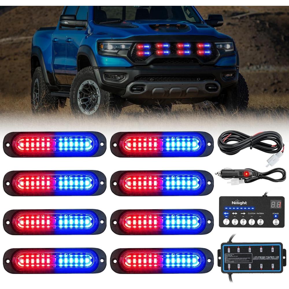 imageNilight 8PCS LED Strobe lights 12V Sync Feature Amber White 12 24LED Emergency Hazard Warning Lights with Controller for Cars Trucks RVs Campers 2 Years WarrantyRedBlue with Controller