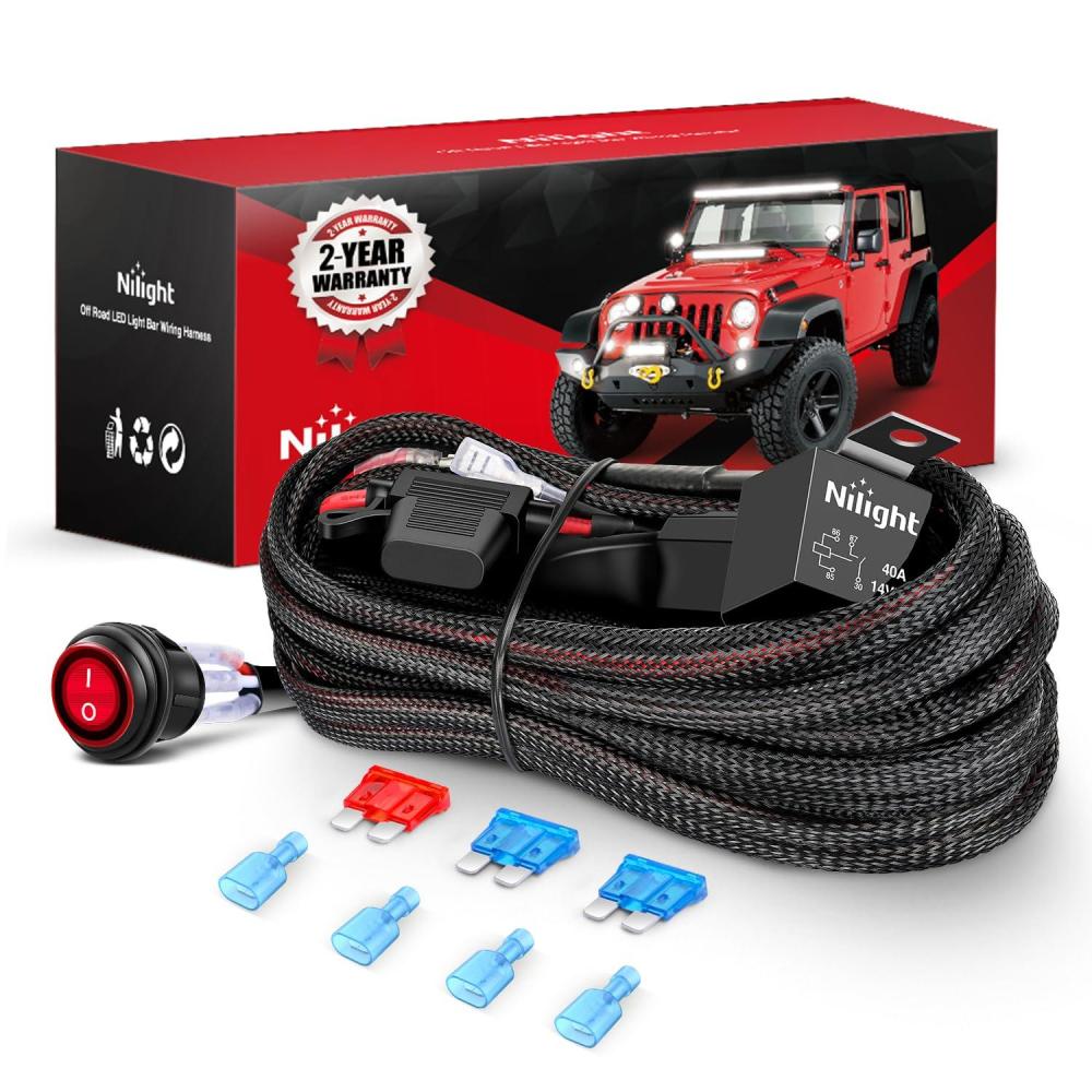 imageNilight Copper LED Light Bar Wiring Harness Kit  1 Lead 12AWG Heavy Duty 12V On Off Switch Power Relay Blade Fuse for Off Road LED Work Light2 Years Warranty16AWG2 LeadNylon Wire Loom